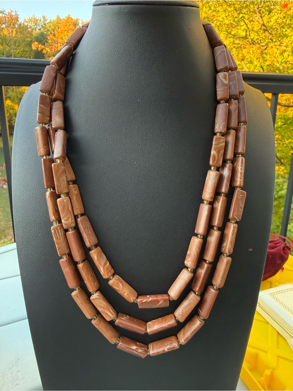 Vintage Western Germany 3 Strand Boho Brown Beaded Necklace